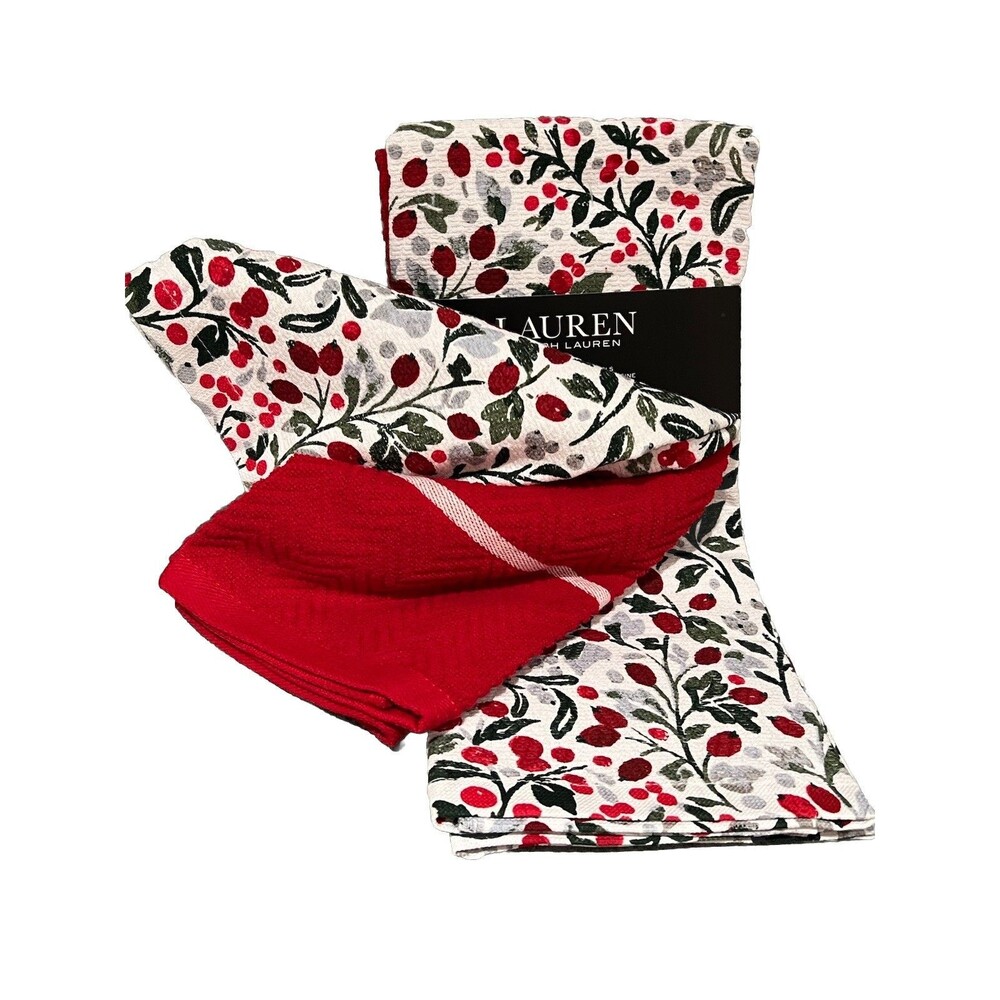 Ralph Lauren 100% Cotton Holly Berries Holiday Kitchen Towels Set of 3 Red Green